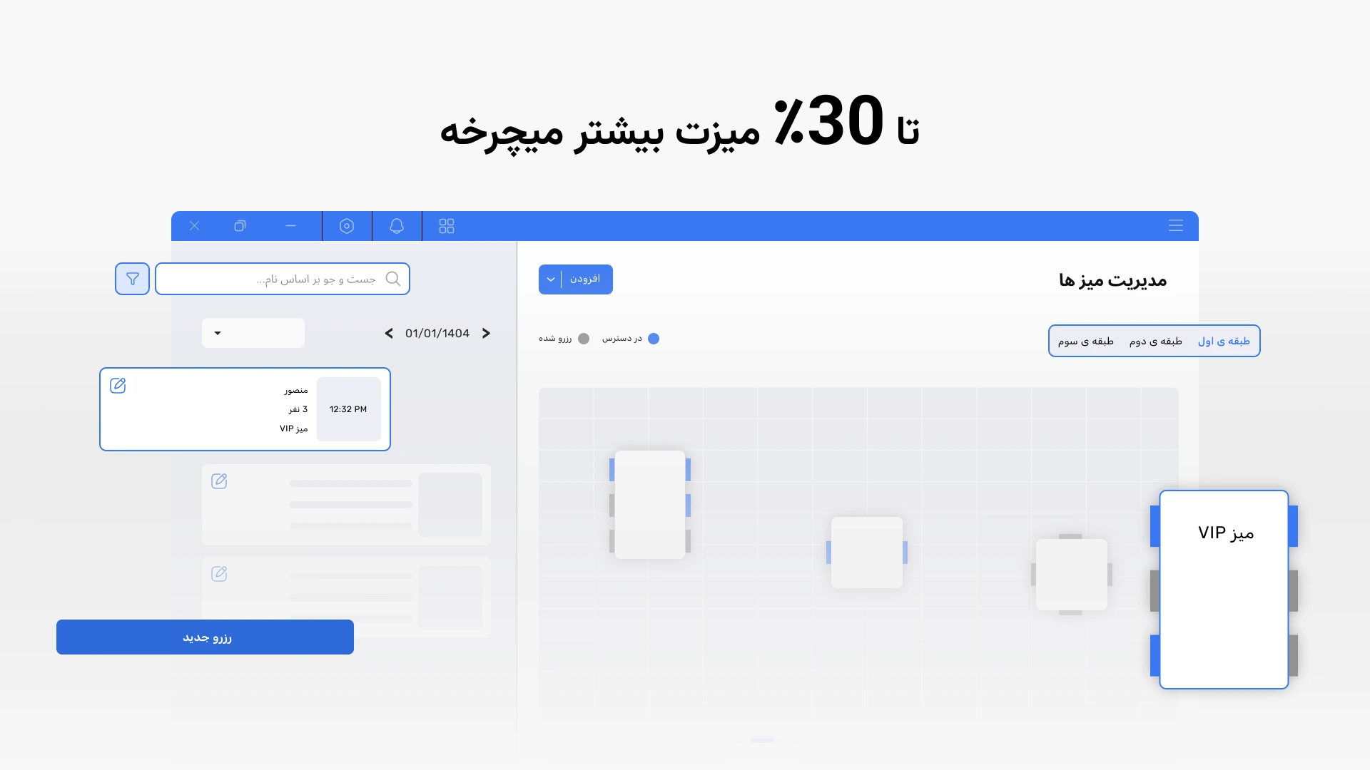 بخش میز های نرم افزار مدیریت رستوران لیبنو که نرخ گردش میز را به دلیل بصری بودن و مدیریت ساده اش تا 30 درصد افزایش میدهد و شامل نمایش بصری میز ها در طبقه های مختلف است