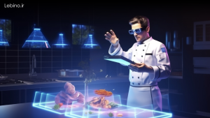 یک پرسنل رستوران که در رستوران هوشمند و مجهز به هوش مصنوعی در حال کار کردن است و مواد اولیه روی میز مقابلش را مدیریت و کنترل میکند