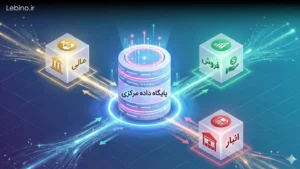 نمودار ساختار نرم افزار ERP و اتصال ماژول‌های مالی، فروش و انبار به پایگاه داده مرکزی